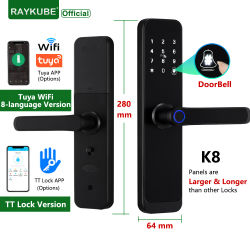 RAYKUBE K8 cerradura de puerta inteligente TTlock Bluetooth/Tuya Wifi contraseña de huella digital 13,56 MHZ tarjeta IC sin llave Smartlife Home