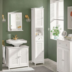 SoBuy FRG236 armario alto para baño, estante para baño, mueble de baño con 1 compartimento abierto, 1 cajón y puertas