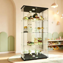 Vitrina de Vidrio, Mueble de Exhibición con Cerradura, 2 Puertas, 4 Compartimentos para Sala de Estar, Dormitorio, Oficina, Color Negro