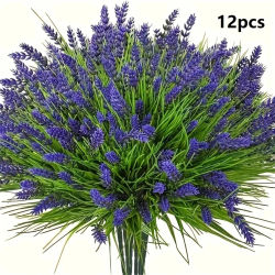 12 paquetes de plantas artificiales de lavanda para exteriores con hierba de mono, arbustos verdes de plástico resistentes a los rayos UV para decoración del jardín del hogar