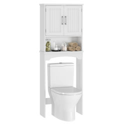 Mueble de Almacenamiento Sobre el Inodoro con Puertas Dobles y Dispositivo Antivuelco, Organizador de Baño con Estante Abierto, Mueble de Inodoro Alto de Madera Independiente