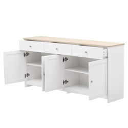Aparador Comanlai con Cajones, Mueble Buffet, Mueble de Almacenamiento, Cuatro Puertas, Tres Cajones, para Sala de Estar, Comedor, Blanco