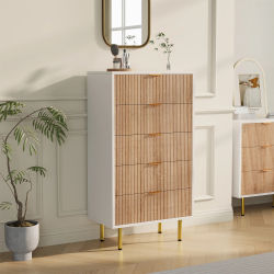 Superaly, Cómoda de 5 cajones, Mueble de almacenamiento, Aparador, Aparador de comedor, Armario, Mueble de entrada, Cómoda, Cómoda de dormitorio de gran capacidad, Madera natural y blanco