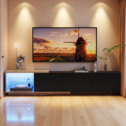 Mueble para TV con iluminación LED, mueble con 3 cajones, barra extensible, mesa para TV con almacenamiento abierto, 240x38x44 cm, Negro