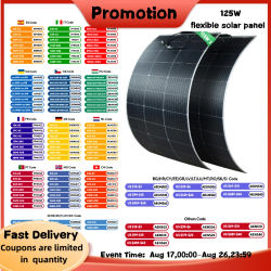 Panel Solar Flexible de 125W Monocristalino 18V IP67 Impermeable y Ligero para RV, Barco, Camping, Cargador de Batería Fuera de la Red