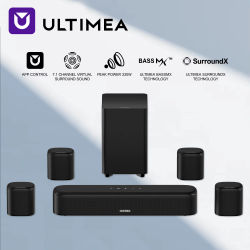 Sistema de barra de sonido Ultimea 7.1 para televisores, con 4 altavoces de sonido envolvente y sonido envolvente virtual controlado mediante una aplicación.