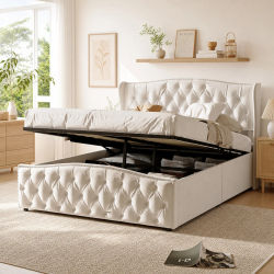 Cama con almacenamiento hidráulico terciopelo beige 140x200 160x200cm, cama tapizada capitonada con cabecero claveteado, base de lamas mueble dormitorio