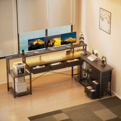 Mesa para computadora, escritorio angular con cajones, tomas de corriente y puertos USB, soporte para monitor e iluminación LED. Plegable