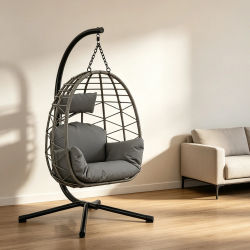 HiMISS Silla colgante tipo huevo de mimbre con soporte negro, cojín impermeable y reposacabezas, hamaca tipo lounge con cubierta para lluvia para interior, exterior, jardín, patio, balcón