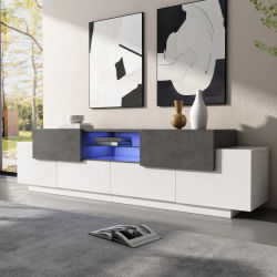 Mueble TV con 4 puertas, 2 cajones, 3 compartimentos e iluminación LED para salón 180×40×45 cm gris blanco