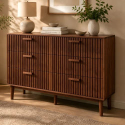 Aparador de almacenamiento – Cómoda de 6 cajones, 100x34x73 cm – Mueble bajo – Mueble con cajones – Aparador para salón, dormitorio, comedor – Color madera natural/color nogal