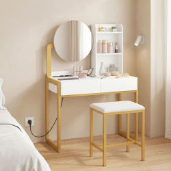 Tocador con espejo y taburete, escritorio de maquillaje con cajones y estantes abiertos, mueble organizador de cosméticos para dormitorio, estación de maquillaje para el hogar