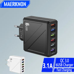 Cargador USB de carga rápida para móvil, adaptador de pared de 6 puertos, 3.1A, 3,0, para viaje, para iPhone 15, Samsung, Xiaomi