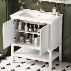 Mueble de baño individual de 80 cm con lavabo de cerámica y gabinete inferior, lavabo independiente blanco para decoración de baño