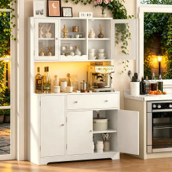 Mueble de cocina blanco, aparador, encimera para platos, con lámparas LED + tomas de corriente, encimeras y dos cajones, apto para cocina/sala de estar