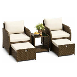 Conjunto de Muebles de Jardín de Ratán de 5 Piezas | Sofá de patio de mimbre para todo tipo de clima con 2 sillones, 2 otomanas y mesa de centro de vidrio templado - Conjunto modular de conversación