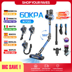 Aspiradora sin Cable, 60KPa de Succión, Batería 50 Min, Depósito de 1L, Ideal para Mascotas, Alfombras y Suelos Duros