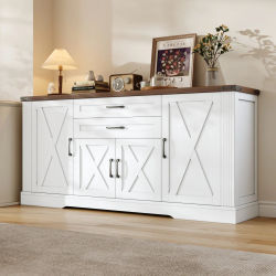 Aparador de Cocina con Encimera, Mueble Buffet con 4 Puertas y 2 Cajones, Isla de Cocina, Mueble de Salón, Armario de Almacenamiento para Salón, Cocina, Comedor, Blanco, 160x39x81.5cm