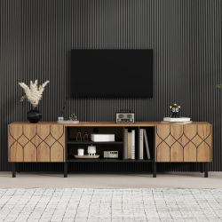 Mueble para TV de Tablero de Partículas Negro, 2 Puertas, 4 Estantes Abiertos, para Sala de Estar, Compatible con TV de hasta 70 Pulgadas, Tamaño 180x40x50 cm