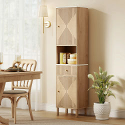 Armario de Almacenamiento de Madera Estrecho y Alto con Puertas con Rejillas; Mueble de Baño Delgado y Independiente; Aparador con Compartimentos Abiertos; Apto para Cocinas, Comedores, Salas de Estar