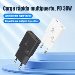 Cargador ultradelgado de 30 W con 2 puertos USB-C (PD) y nitruro de galio (GaN): Un cargador rápido Tipo-C con tecnología de nitruro de galio; un adaptador de corriente compacto, seguro y con amplia