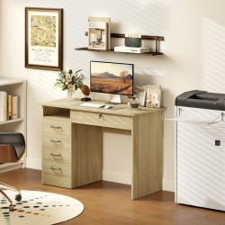 Escritorio para computadora de color madera natural con cajones y gabinetes de almacenamiento con cerradura; un escritorio moderno para oficina en casa, mueble de escritorio multifuncional adecuado