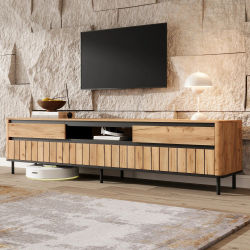 Mueble para TV 180X40X52 cm Versión Baja con 2 Cajones y 2 Puertas Plegables, 6 Patas Metálicas, Capacidad de Carga 30 Kg, Mueble para TV Moderno para Salón, Color Madera Natural