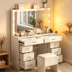Muebles con almacenamiento, espejo y tocador con espejo LED y brillo ajustable, mesa de maquillaje con 8 cajones, amplio espacio de almacenamiento, tocador moderno para el dormitorio