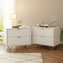 Mesita de noche de 2 lotes, mesa de noche blanca con 2 cajones, mesita de noche con almacenamiento de muebles y mesa auxiliar con tiradores