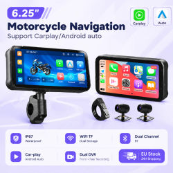 Navegador GPS Universal para Motocicleta de 6.25 Pulgadas, con Carplay Inalámbrico, Android Auto, Grabador de Conducción, Monitor para Moto, WIFI, IP67 Impermeable, Pantalla IPS, DVR, Grabador de