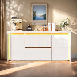 Aparador, mueble TV, con luces LED, 4 puertas, 2 cajones, mesa auxiliar, mueble almacenaje, cajonera, color blanco.