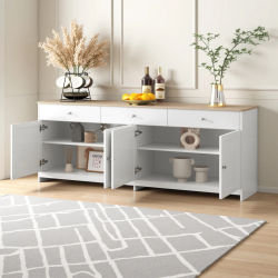 Aparador de cocina ancho, mueble buffet de 160cm con 3 cajones y 4 puertas, mueble de cocina, mueble despensa, mueble multiusos para salón, cocina, comedor, color natural y blanco.