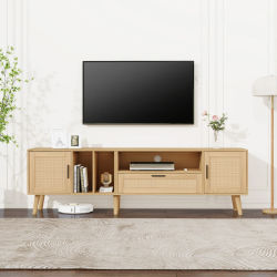 Espacioso mueble RTV de 180 cm de ancho con decoración de ratán, 2 puertas y cajón, patas de madera maciza, con capacidad para TV de 80 pulgadas, mueble RTV, mesa RTV
