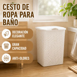 Cesto de Ropa Sucia 4 Colores con Tapa Anti-Olores, 49x39x30cm, Diseño Rústico de Mimbre Plástico, Gran Capacidad, Resistente y Fácil de Limpiar, Ideal para Baño y Lavandería, Organiza tu Hogar con