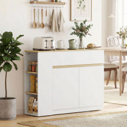 Aparador de cocina blanco con estantes abiertos, gabinetes de almacenamiento independientes con cajones y puertas; muebles multifuncionales para el hogar, adecuados para cocinas, comedores, salas de