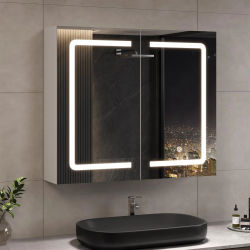 Mueble de baño con espejo LED, 70x16x60cm, tocador montado en la pared con taburete, bolsa ajustable, 3 luces de colores, blanco