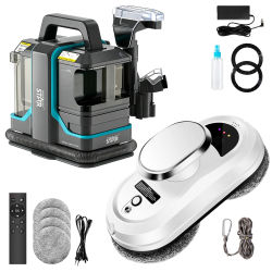 Set de Limpieza del Hogar 2 en 1, Robot Limpiacristales de 5600Pa (Protección contra Apagado por Batería/Control Remoto/Anticaída) + Máquina de Limpieza de Alfombras Integrada con Succión por