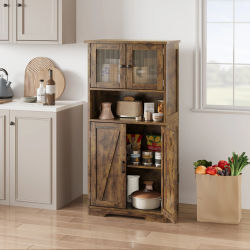 Armario de Cocina Independiente con Puertas de Vidrio y Estantes Ajustables, Alacena Vertical, Mueble de Almacenamiento para Sala de Estar