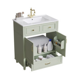Mueble bajo lavabo con lavabo de cerámica, cajón con cierre suave, moderno mueble de baño con gran espacio de almacenamiento, tiradores metálicos