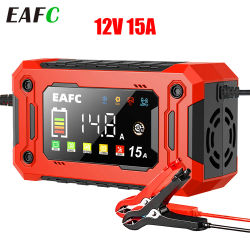 EAFC-cargador de batería de coche, 12V, 15A, 8A, pantalla grande, cargador de reparación Pluse para Auto, Moto, SUV, litio, AGM, pantalla LCD de GEL de plomo y ácido