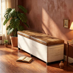 Banco de almacenamiento Hzuaneri, plegable, blanco y marrón, 40x140x44cm | Mueble de almacenamiento, cubierta de lino, capacidad de carga 150 kg, para sala de estar, dormitorio, pasillo