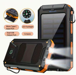 Banco de energía solar portátil de 20000 mAh, cargador solar portátil para teléfonos móviles, cargador de batería externo para teléfonos móviles para acampar, 2 USB/linternas LED con brújula para