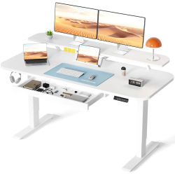 Escritorio eléctrico regulable en altura COMHOMA con cajones, soporte para monitor y tableta, con control de memoria de 3 alturas, color blanco