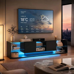 Mueble de televisión moderno WoodenAura con luces LED, mesa de televisión con 2 compartimentos de almacenamiento, mueble bajo de televisión de alto brillo, mesa auxiliar para sala de estar con estante