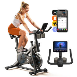 MERACH Bicicleta Estática en Casa, Bicicleta con Monitor LED, Transmisión Silenciosa por Cinturón y Cómodo Cojín de Asiento, App Propia, Capacidad de 122 kg, Entrenamiento Aeróbico
