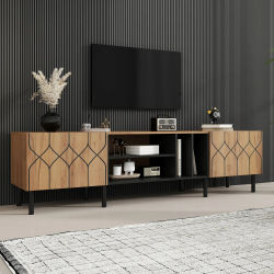 Mueble para TV de dos puertas con 4 compartimentos abiertos, mueble bajo para televisión para la sala de estar, MDF, 180x40x50 cm, apto para televisores de hasta 70 pulgadas, color madera natural +