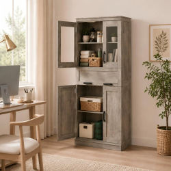 Mueble de Baño Zstar, Armario Alto con Puertas de Vidrio y Cajón | Armario de almacenamiento gris de 60x30x170 cm con estantes ajustables para baño, cocina y despensa