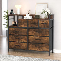 Mueble de Almacenamiento Multifuncional con 9 Cajones y 3 Estantes, Estructura Metálica, Mesita de Noche con Enchufe para Maquillaje, Sala de Estar, Dormitorio, 100X30X86Cm