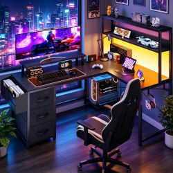 Escritorio en forma de L con soporte para monitor, escritorio para juegos con iluminación LED, escritorio para computadora con toma de corriente, escritorio angular con cajón archivador y soporte para