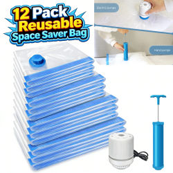 Paquete de 12 Bolsas de Almacenamiento al Vacío, Bolsas de Compresión Ahorradoras de Espacio para Edredones y Mantas – con Bomba Eléctrica y Bomba Manual – Organizador de Equipaje para Viajes